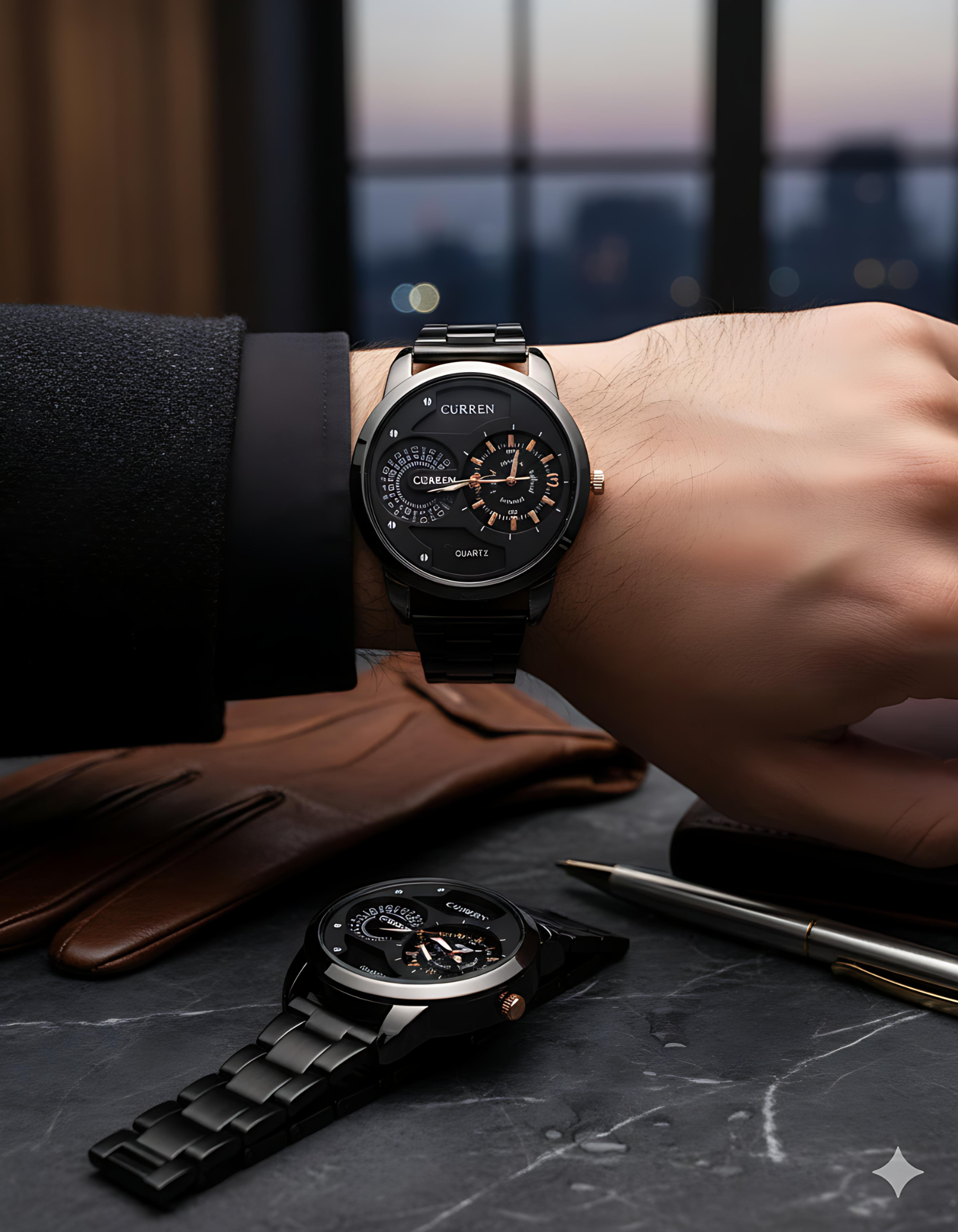 CURREN Black and Rose Gold Quartz Watch
