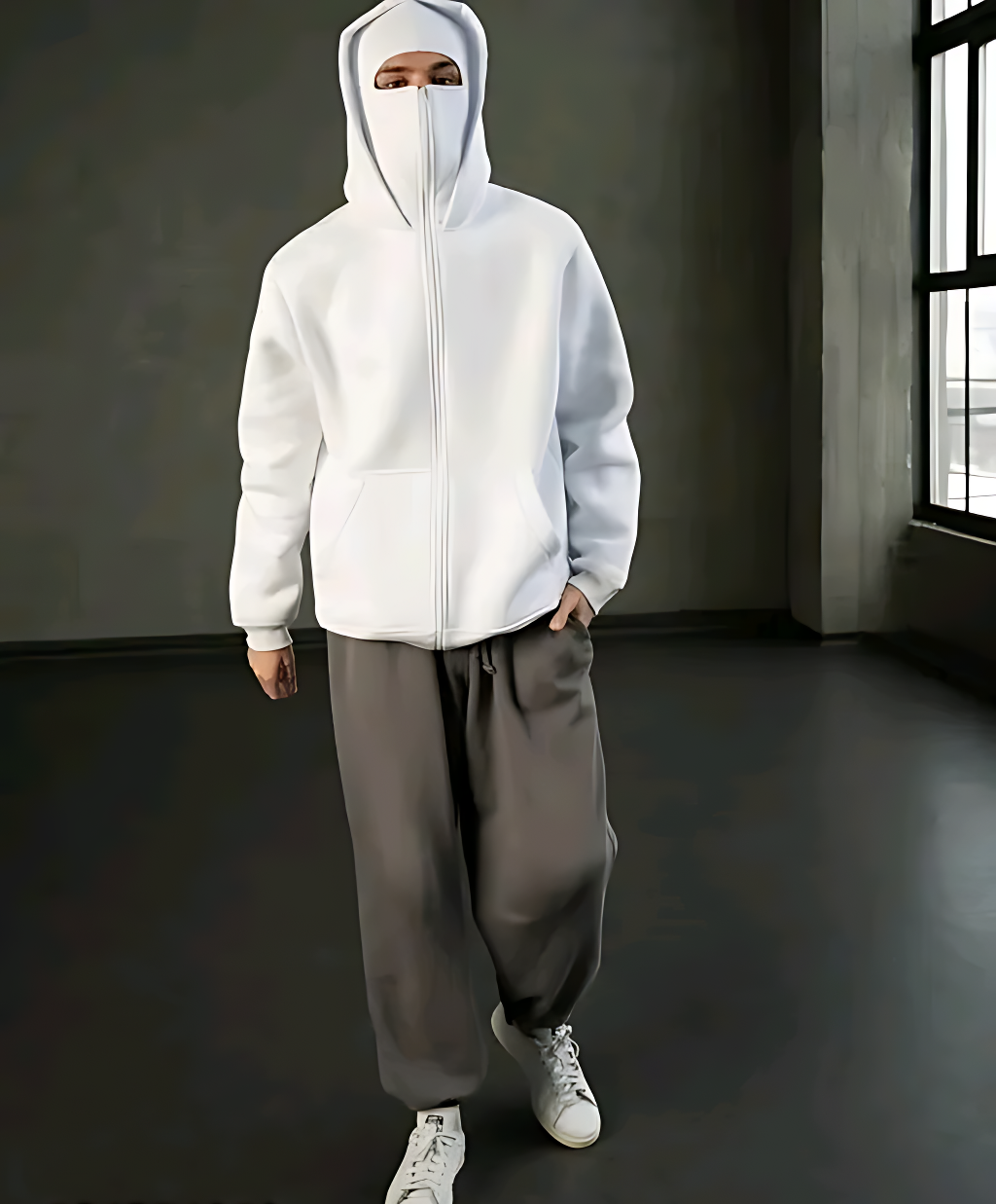 Solid Cotton Blend Balaclava Hoodie with Zip Closure