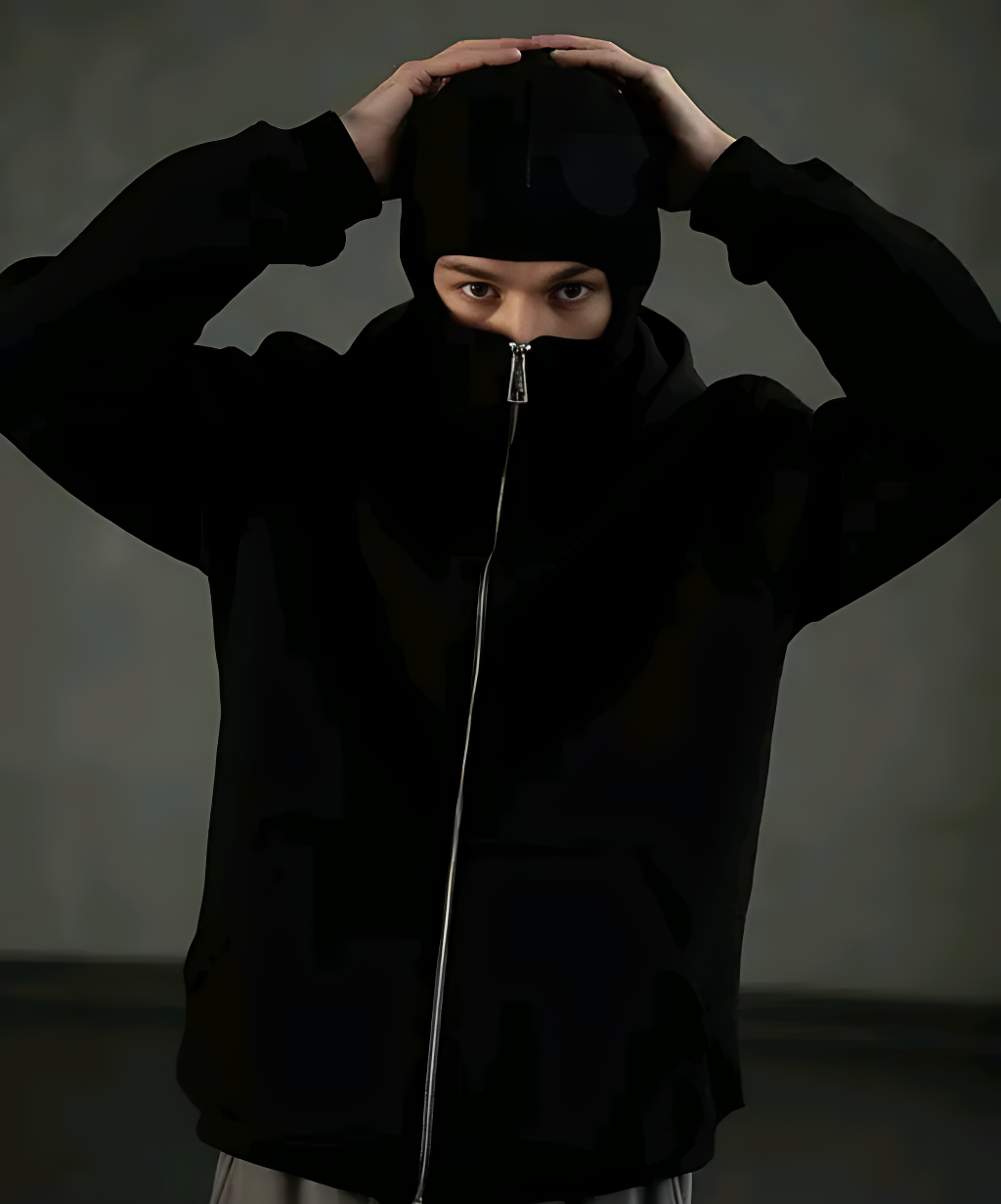 Solid Cotton Blend Balaclava Hoodie with Zip Closure