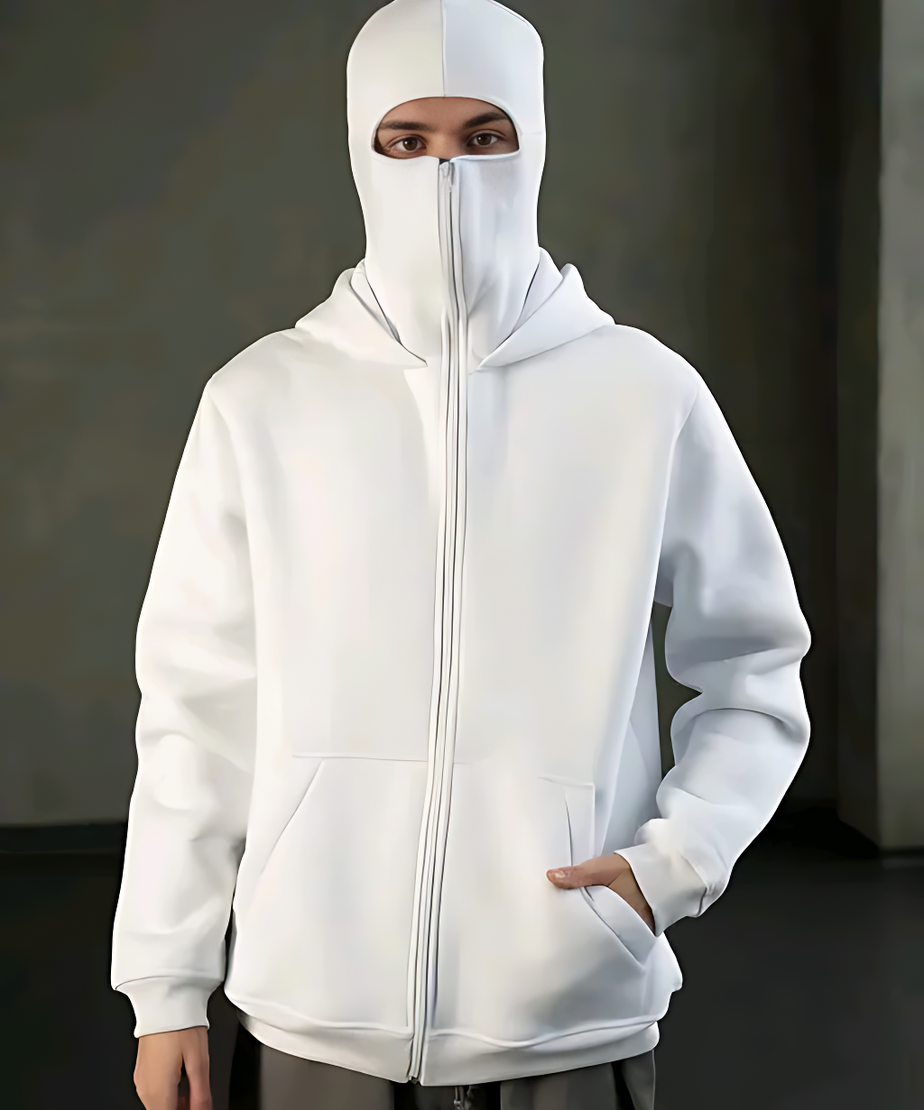Solid Cotton Blend Balaclava Hoodie with Zip Closure