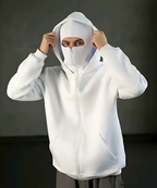 Solid Cotton Blend Balaclava Hoodie with Zip Closure