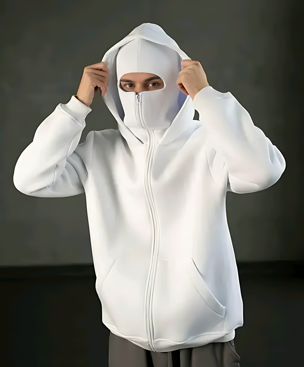 Solid Cotton Blend Balaclava Hoodie with Zip Closure