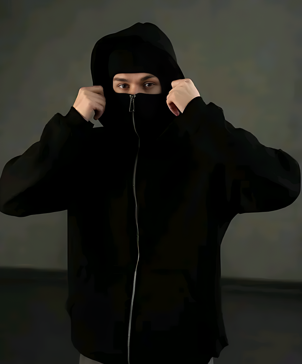 Solid Cotton Blend Balaclava Hoodie with Zip Closure