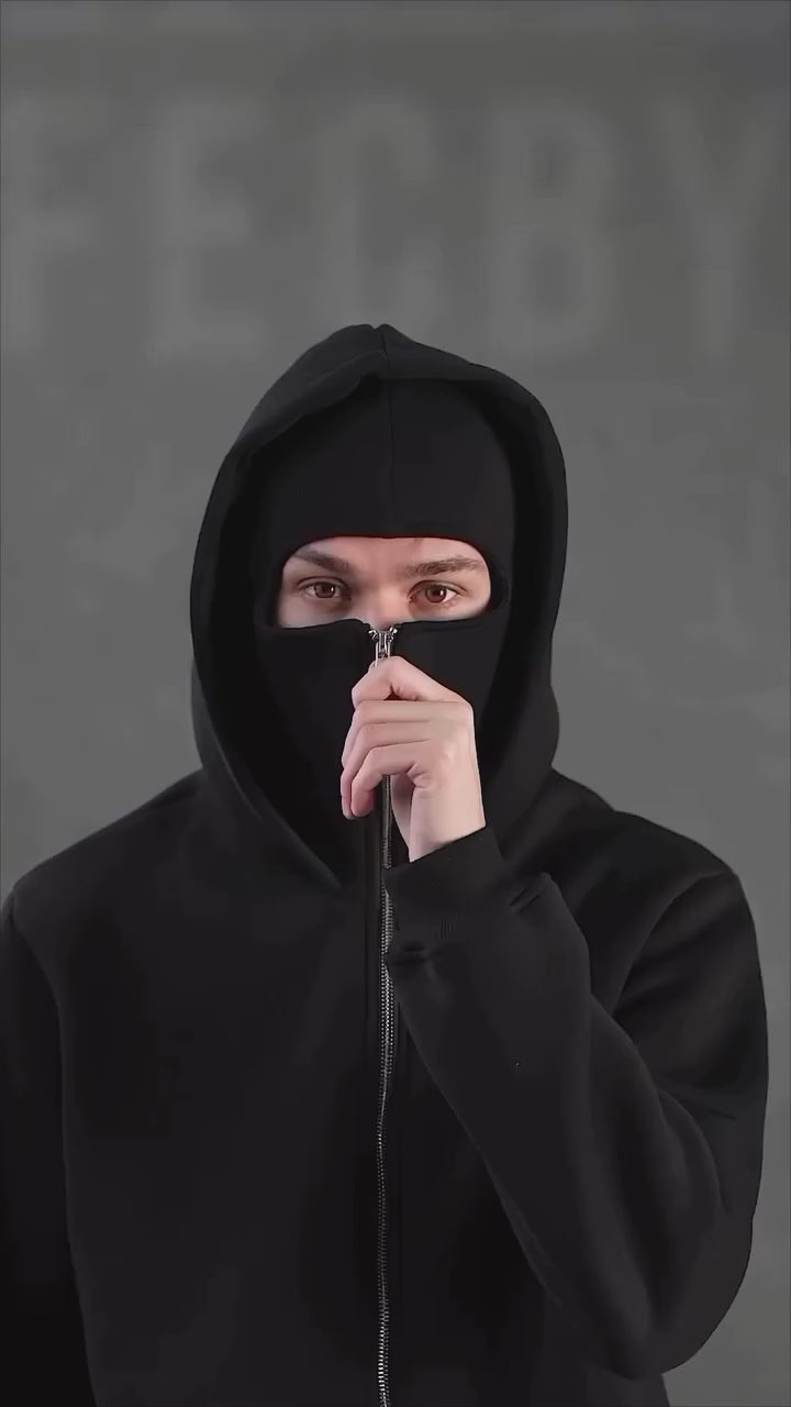 Solid Cotton Blend Balaclava Hoodie with Zip Closure